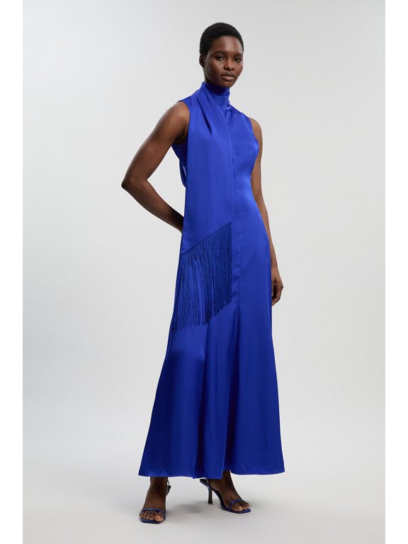 Satin Cowl Neck Scarf Fringe Maxi Dress - Blue, 4