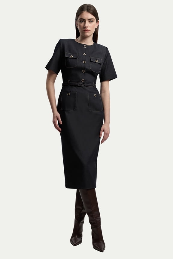 Tailored Denim Belted Midi Dress - Navy, 4