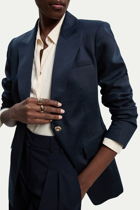 Tailored Linen Single Breasted Blazer - Navy, 10