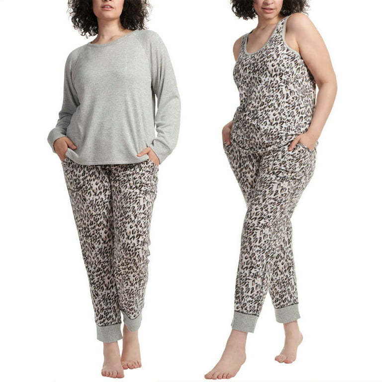 Karen Neuburger Women's 3-Piece Leopard Print Soft Pajama Lounge Set-Gray /  L 