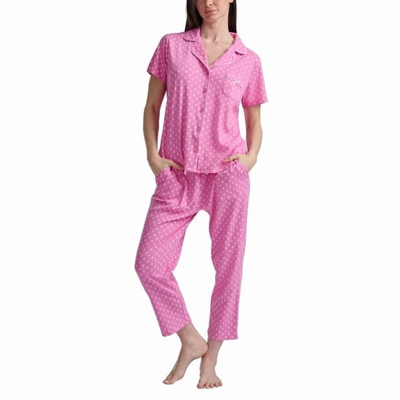 Karen Neuburger Women's Notch Collar 2-Piece Slim Leg Pajama Set, Pink, XX-Large