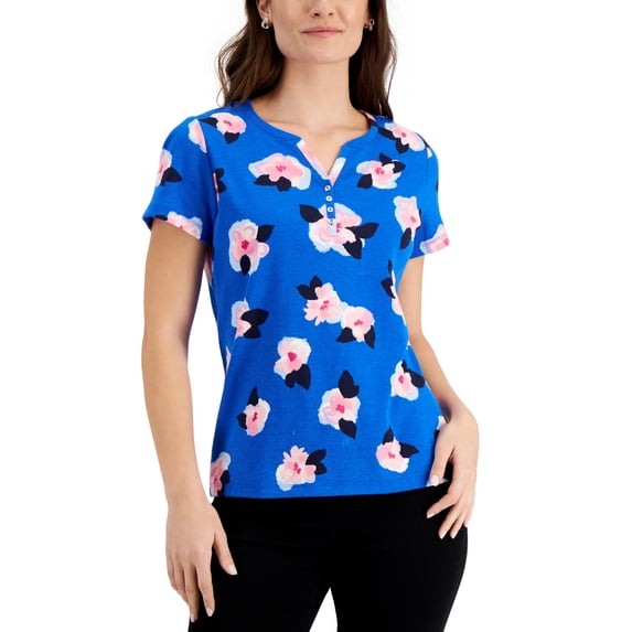 Karen Scott Anya Floral Henley Top Vibrant Blue XS