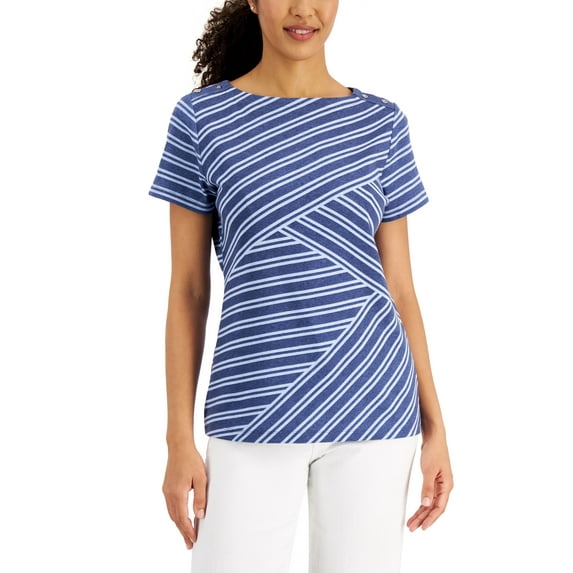 Karen Scott Asymmetrical Striped Boat Neck Top Heather Indigo M
