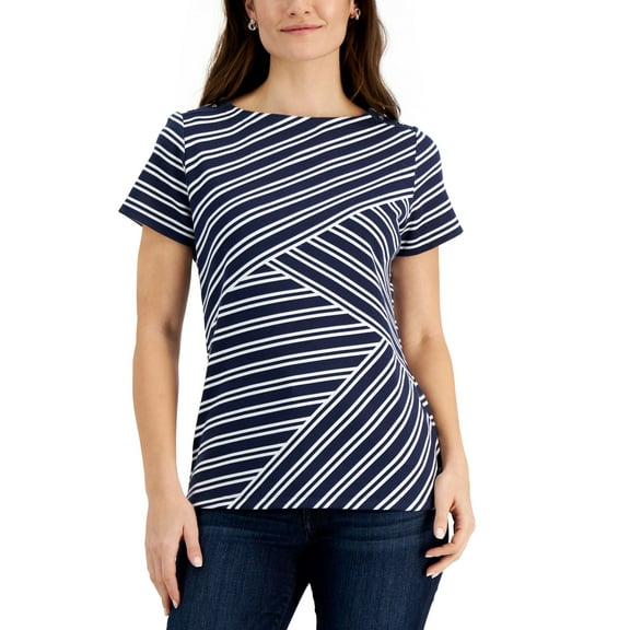 Karen Scott Asymmetrical Striped Boat Neck Top Intrepid Blue S