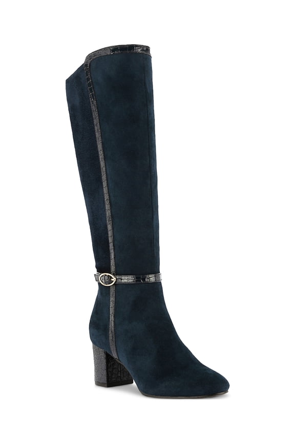Boots Buckled Zip Up Closure Dress Boots, Mid Heel, Micro, Navy, 5.5M