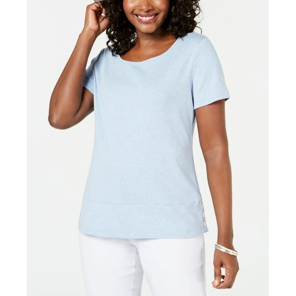 Karen Scott Button Hem Scoop Neck Top Light Blue Heather S