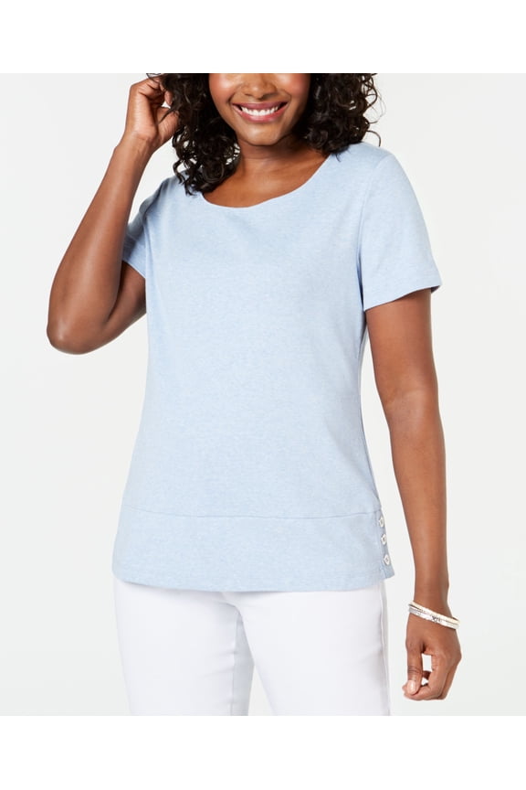 Button Hem Scoop Neck Top Light Blue Heather S