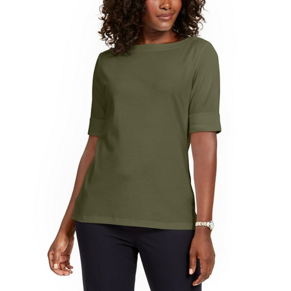Karen Scott Cotton Boat Neck Top Winter Moss L