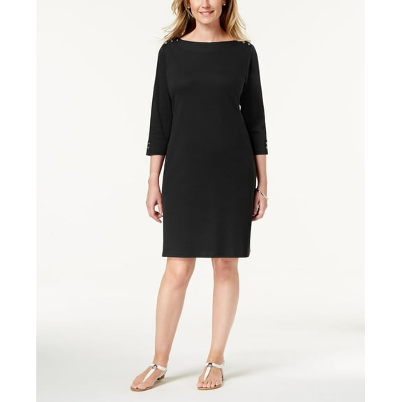 Karen Scott Cotton Button Shoulder Boatneck Dress Deep Black S