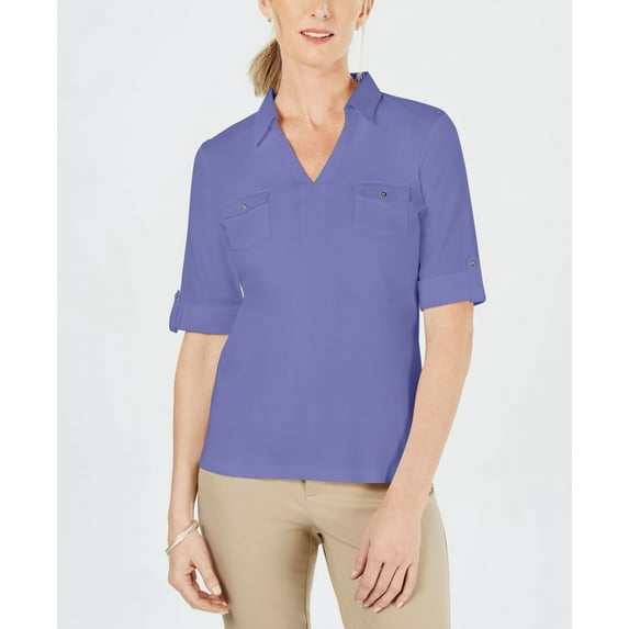 Karen Scott Cotton Cuffed Elbow Sleeve Top Purple Bliss S