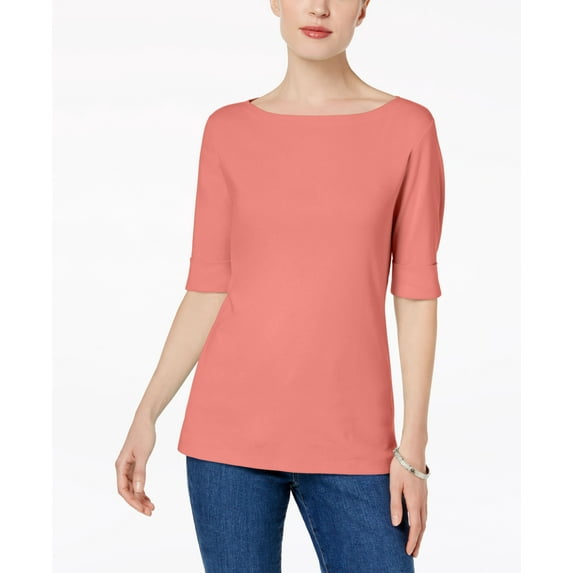 Karen Scott Cotton Elbow Sleeve Top Coral Lining L