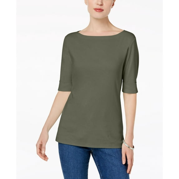 Karen Scott Cotton Elbow Sleeve Top Olive Sprig XL