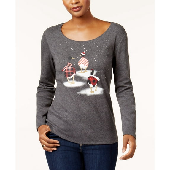 Karen Scott Cotton Geese Print T-Shirt Charcoal Heather M