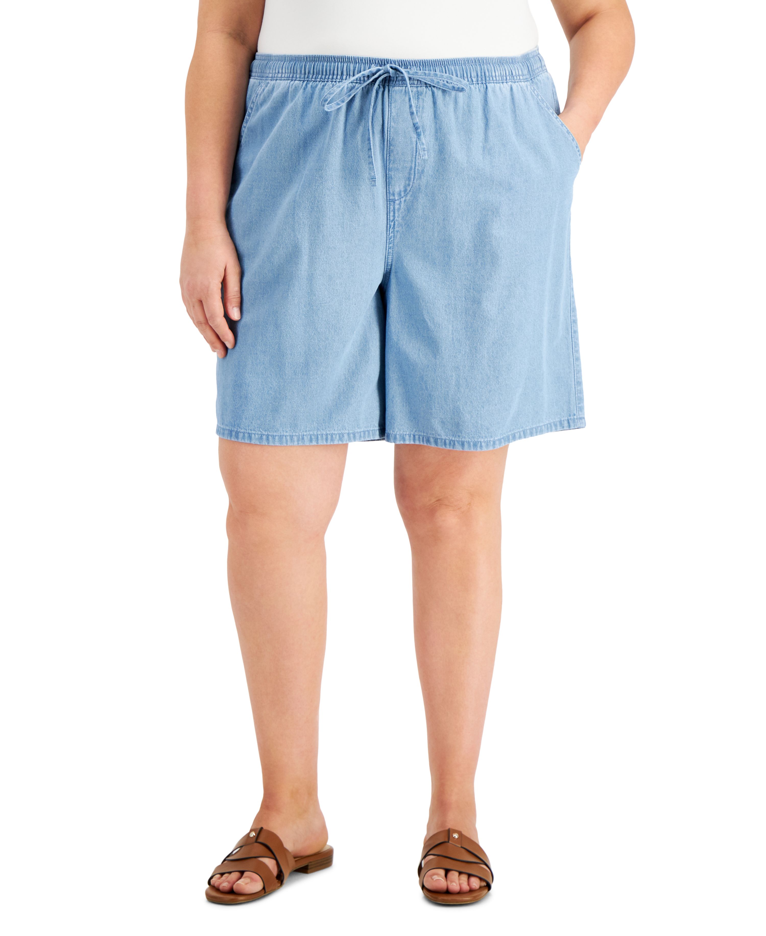 Karen S Women's Cotton Gemma Shorts - High Rise, Drawstring Waist, 8" Inseam, Casual Pull-On Shorts