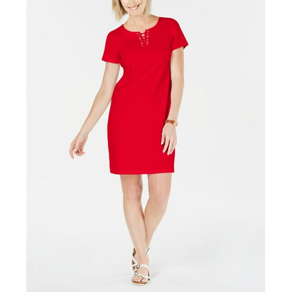 Karen Scott Cotton Lace Up Shift Dress New Red Amore XS