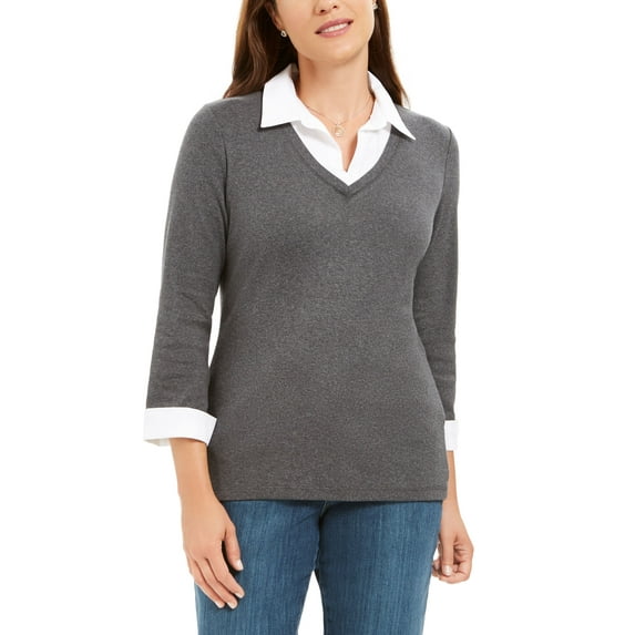 Karen Scott Cotton Layered Look Woven Top Charcoal Heather S