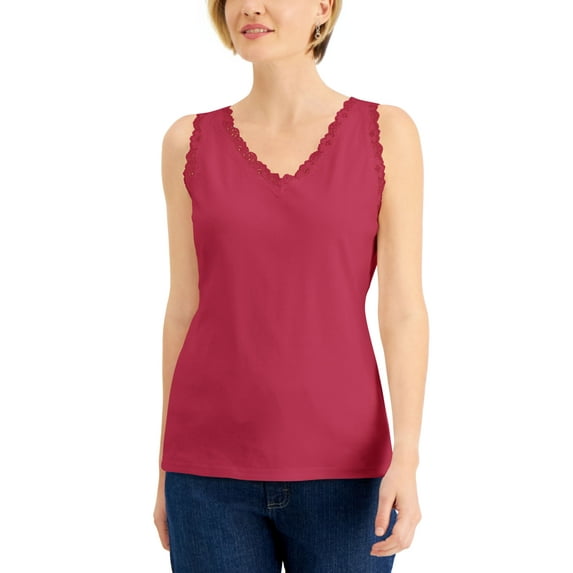 Karen Scott Cotton Scalloped Lace Tank Top Raspberry Wine S