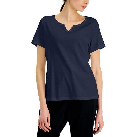 Karen Scott Cotton Split Neck Top Intrepid Blue L