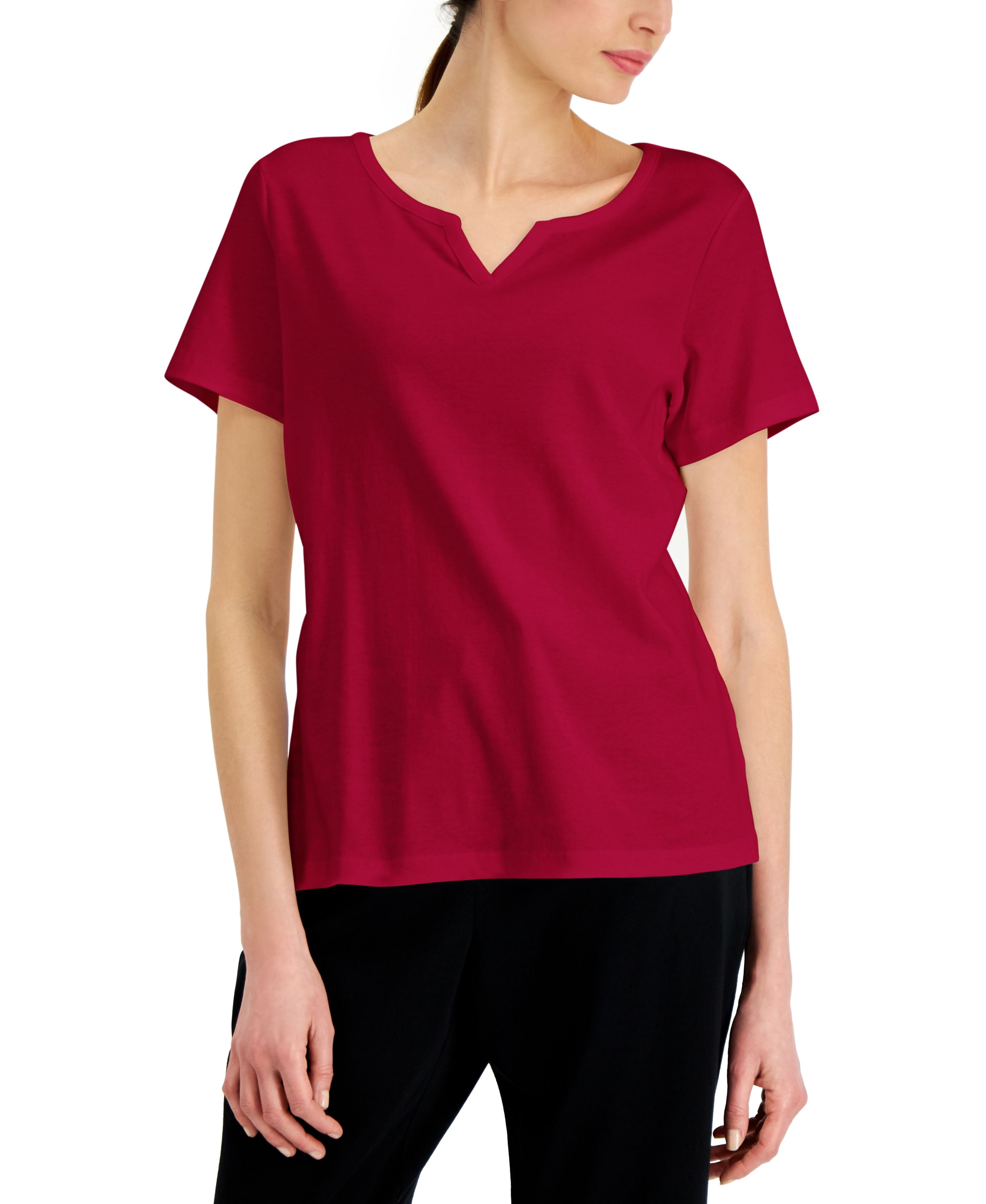 Karen Scott Cotton Split Neck Top New Red Amore S - Walmart.com