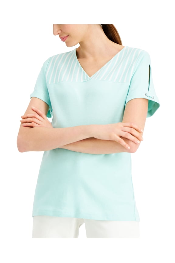 Cotton Striped Yoke Top Aqua Ice S