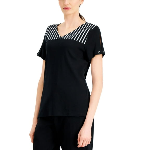 Karen Scott Cotton Striped Yoke Top Deep Black S