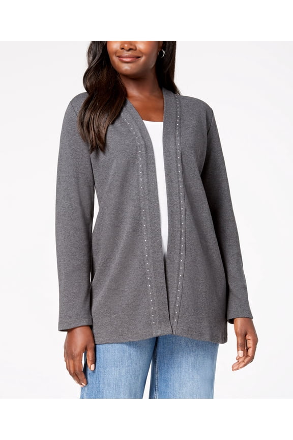 Cotton Studded Open Front Cardigan Charcoal Heather XS