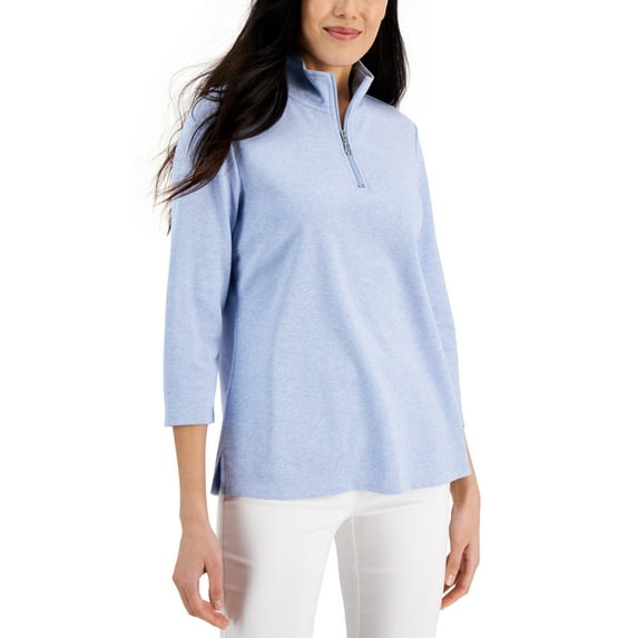 Karen Scott Cotton Zip Neck Top Light Blue Heather S