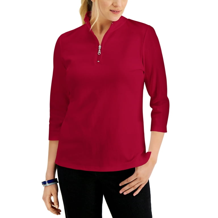 Karen Scott Cotton Zip Neck Top New Red Amore M Walmart