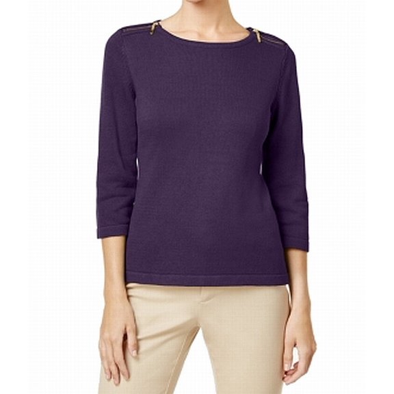 Karen Scott Cotton Zip-Shoulder Sweater Purple Dynasty M