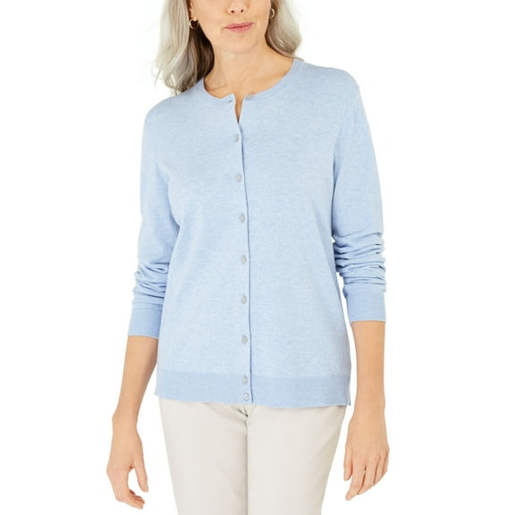 Karen Scott Crew Neck Cardigan Light Blue Heather M