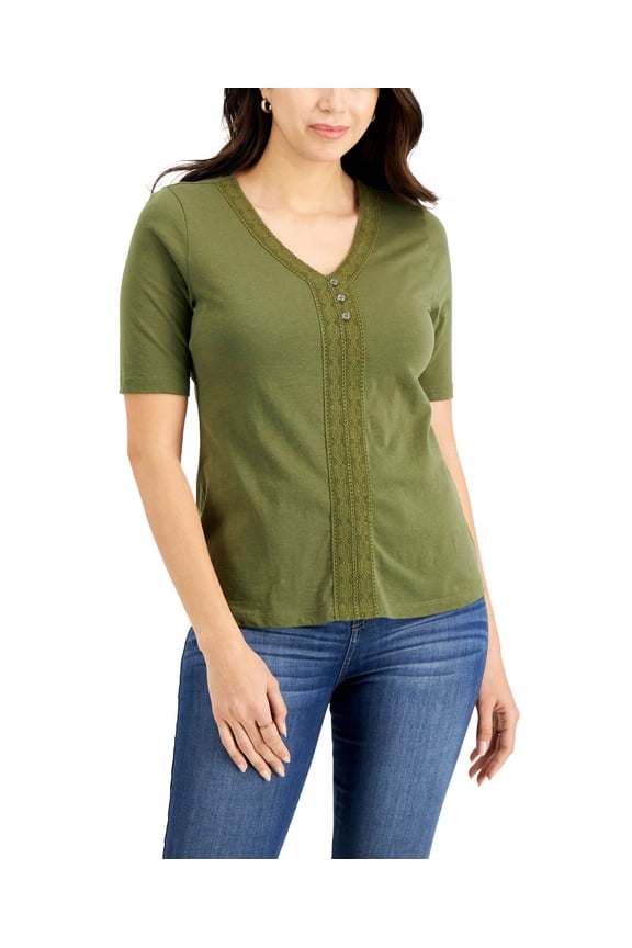 Crochet Trim V Neck Top Winter Moss XS