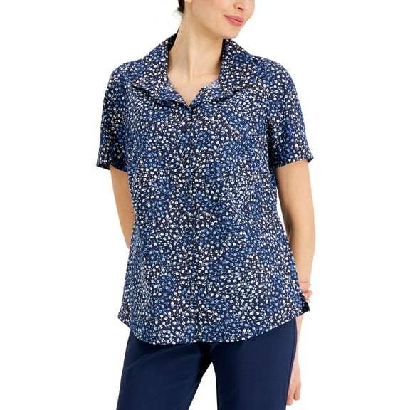 Karen Scott Ditsy Floral Woven Shirt Intrepid Blue Combo M