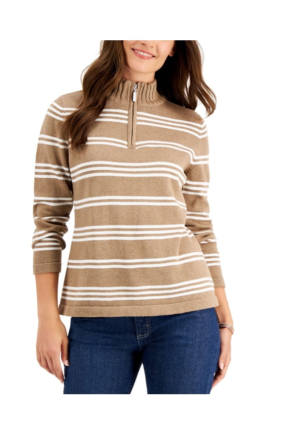 Donna Cotton Striped Quarter Zip Sweater Chestnut Heather Combo XS