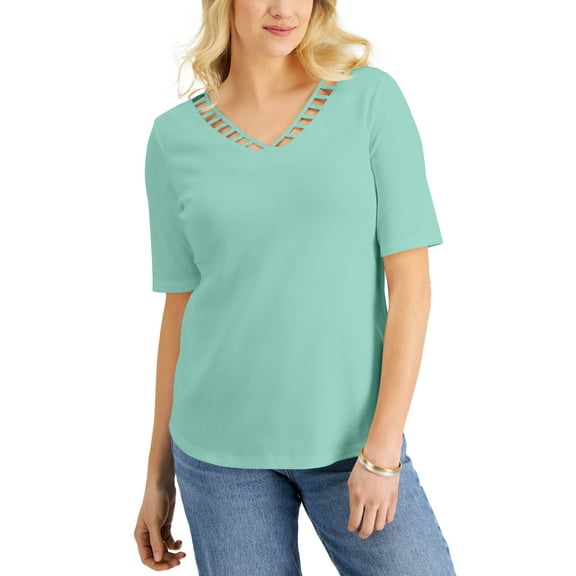 Karen Scott Elbow Sleeve Cutout V Neck Top Aqua Ice XS