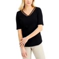 thumbnail image 1 of Karen Scott Elbow Sleeve Cutout V Neck Top Deep Black S, 1 of 1