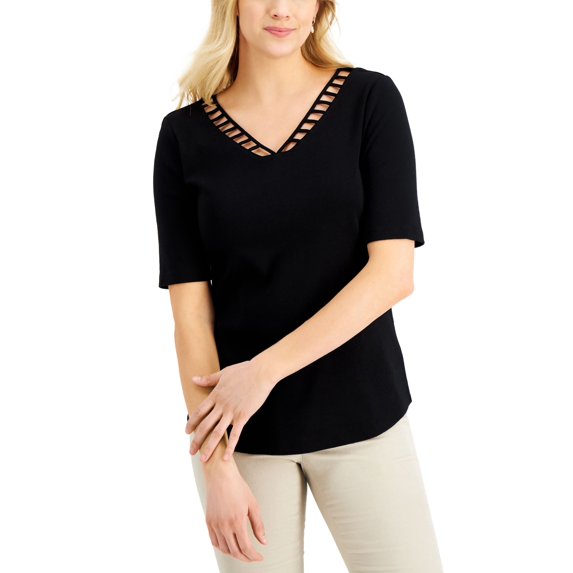 Karen Scott Elbow Sleeve Cutout V Neck Top Deep Black S