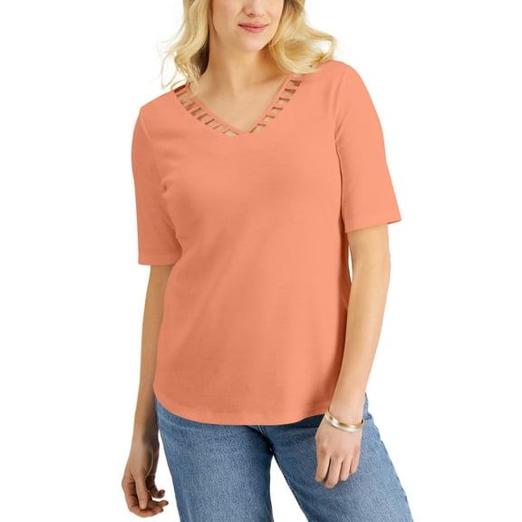 Karen Scott Elbow Sleeve Cutout V Neck Top Pacific Coral XL