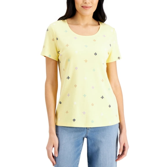 Karen Scott Filigree Flight Short Sleeve Scoop Neck Top Citron Aura XS