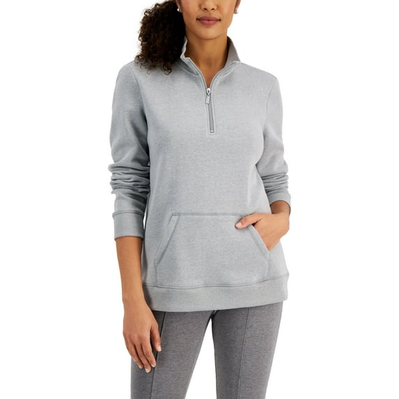 Karen Scott Fleece Quarter Zip Pullover Smoke Grey Heather L
