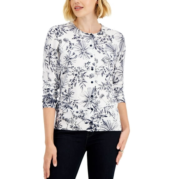 Karen Scott Floral Button Cardigan Bright White Combo XL