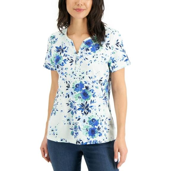 Karen Scott Floral Dash Printed Henley Top Aqua Ice S