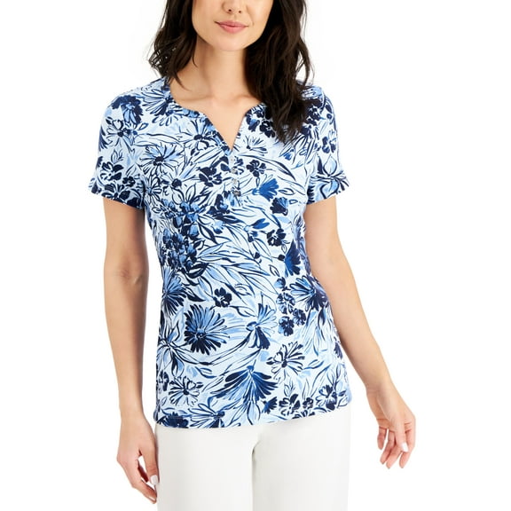 Karen Scott Floral Destiny Henley Top Nantucket Breez XS