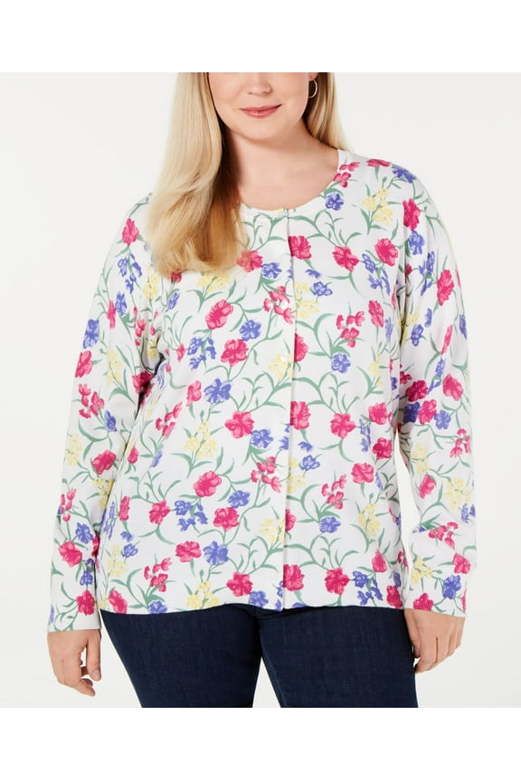 Floral Long Sleeve Crew Neck Cardigan White, White, 0X