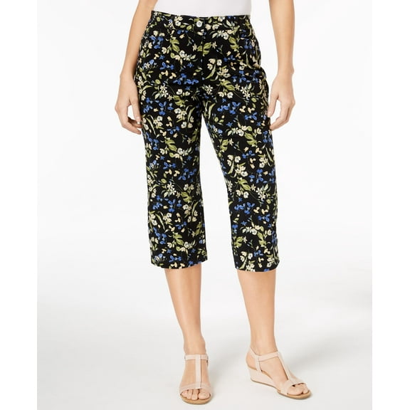 Karen Scott Floral-Print Capri Pants (Deep Black Combo, 8)