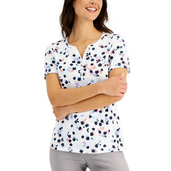 Karen Scott Floral Print Short Sleeve Henley Winter White M