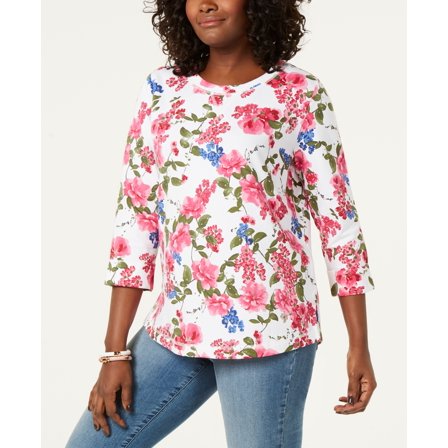 Karen Scott Floral Print Sweatshirt Bright White S