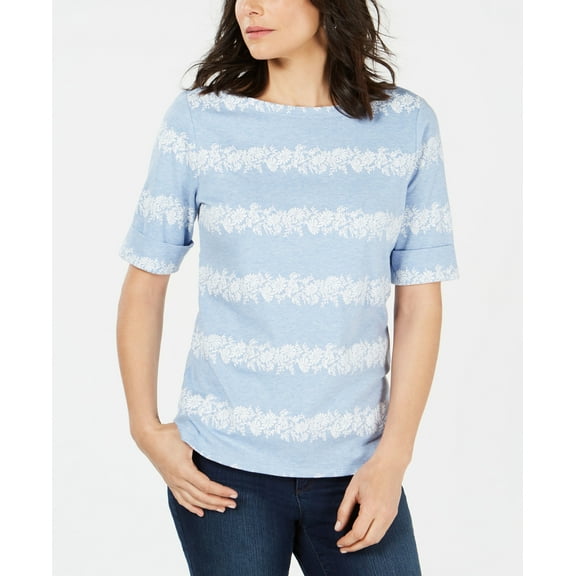 Karen Scott Floral Striped Boat Neck Top Light Blue Heather S