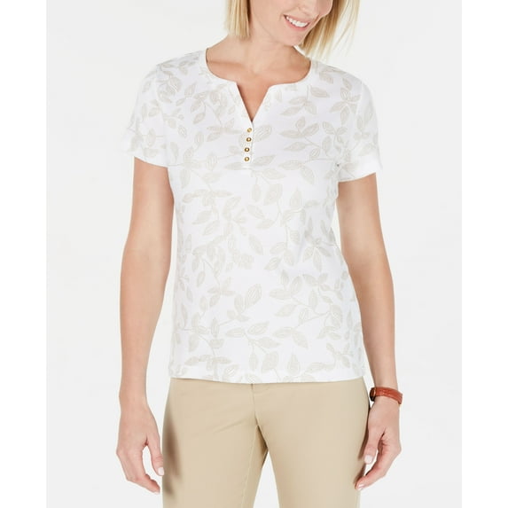 Karen Scott Glitter Print Henley T-Shirt Bright White L