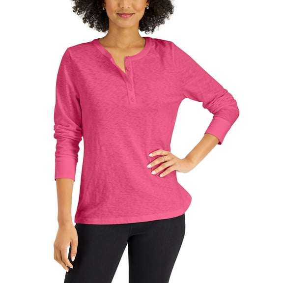 Karen Scott Long Sleeve Cotton Henley Foxy Pink XS