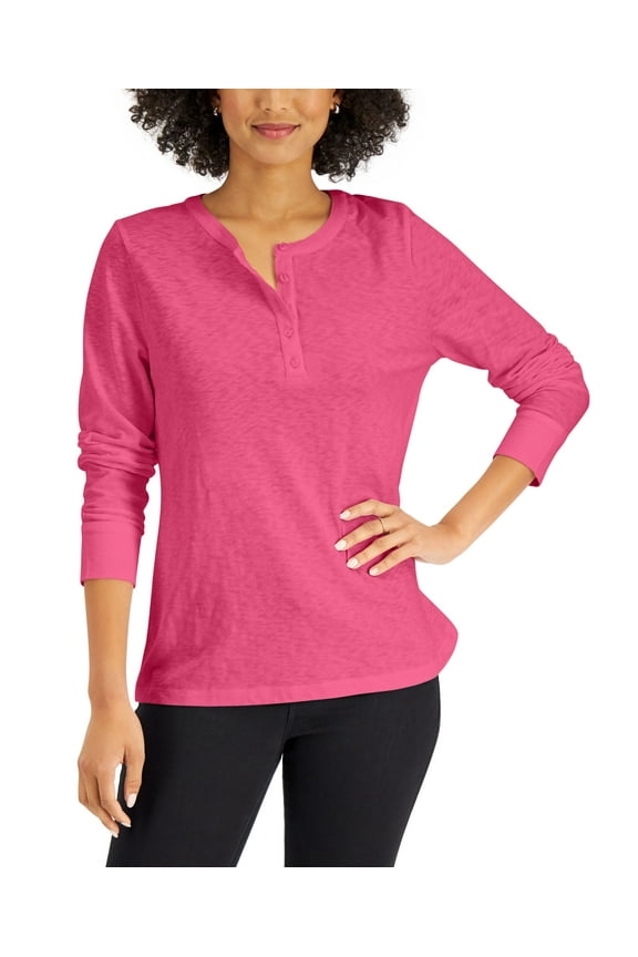 Long Sleeve Cotton Henley Foxy Pink XS